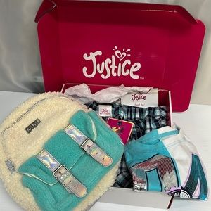 Girls Justice shirt, skirt, backpack and accessories kit.